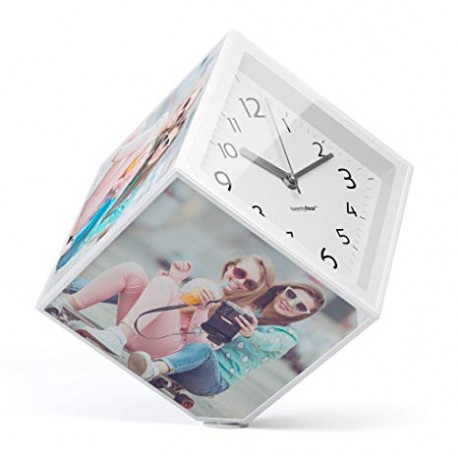 Cubo portafoto rotante con orologio
